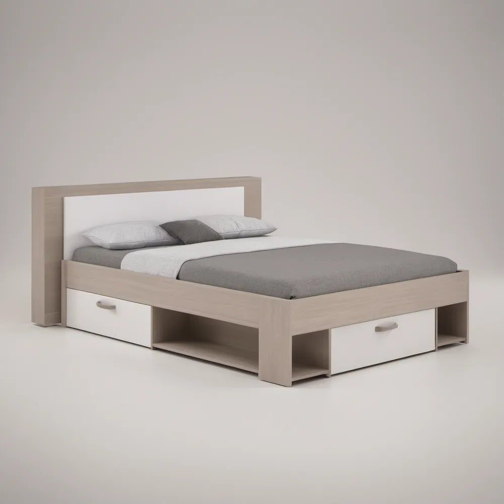 Queen Storage Platform Bed Frame, 80 x 60 in Mattress Area, Light Oak/White