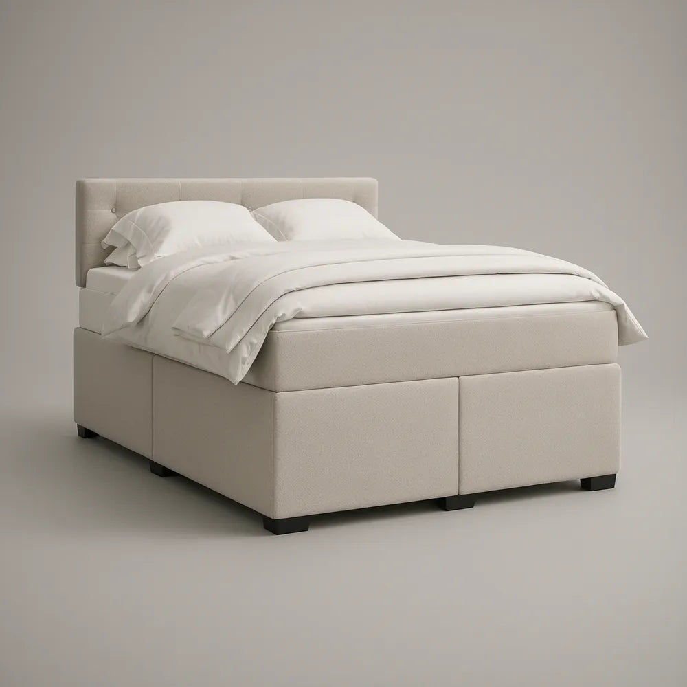 Queen Beige Upholstered Platform Bed with Padded Headboard, 64 x 85 x 45 in