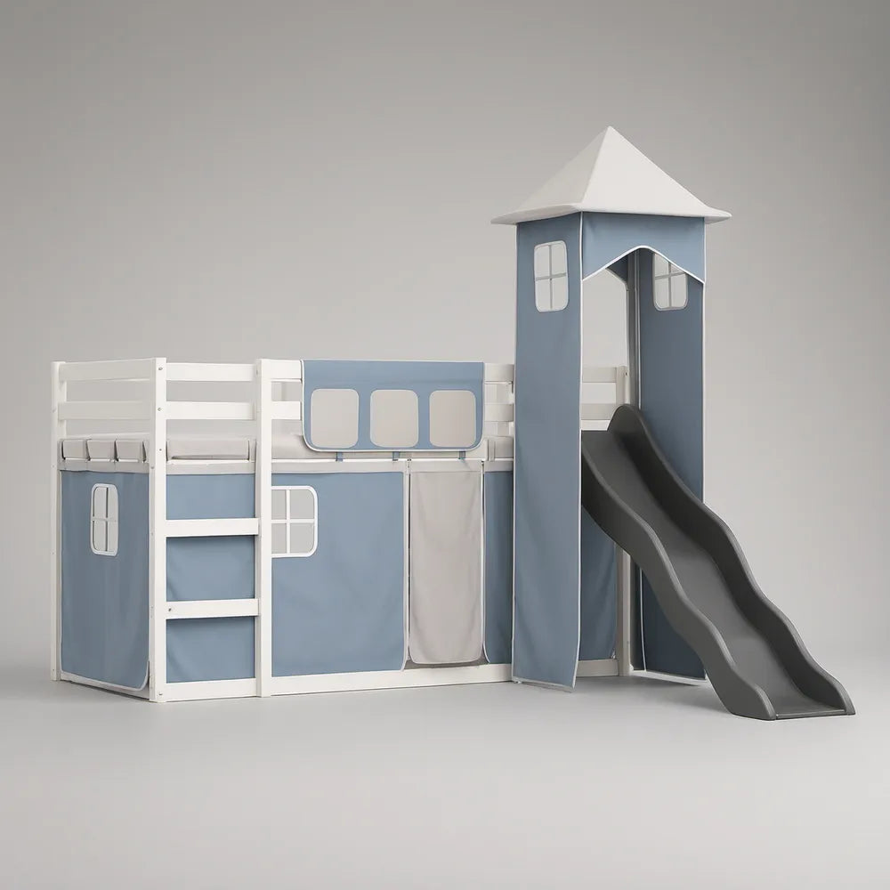 Kids Twin Loft Bed with Slide, Tower Canopy, Ladder and Guardrails, Blue/White/Gray, 35.4 x 74.8 in Sleeping Surface
