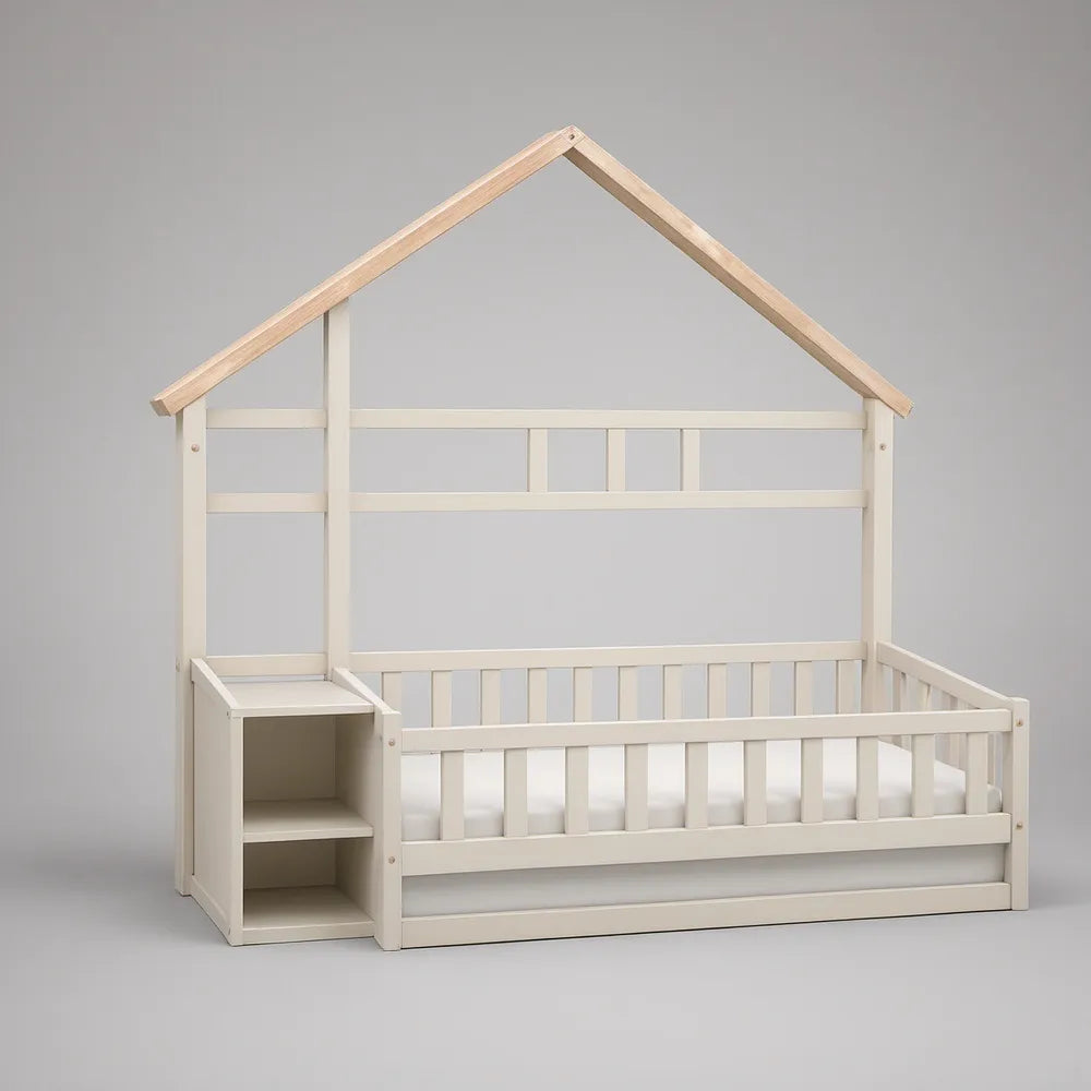 Twin House Frame Bed with Guardrails and Storage Shelf, White/Natural Wood, 78.7 x 41.3 x 65.4 in
