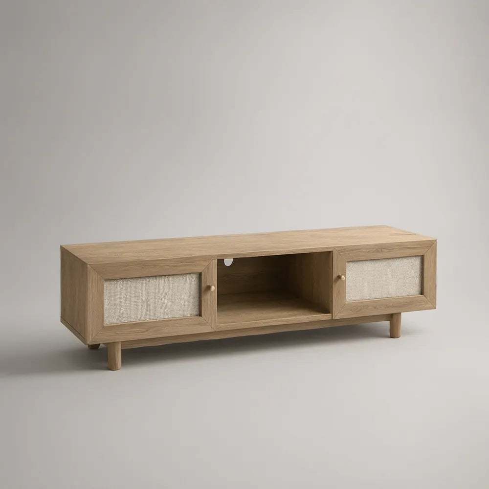 Natural Oak TV Stand with Woven Beige Door Panels, 70.9 x 15.7 x 20.1 in