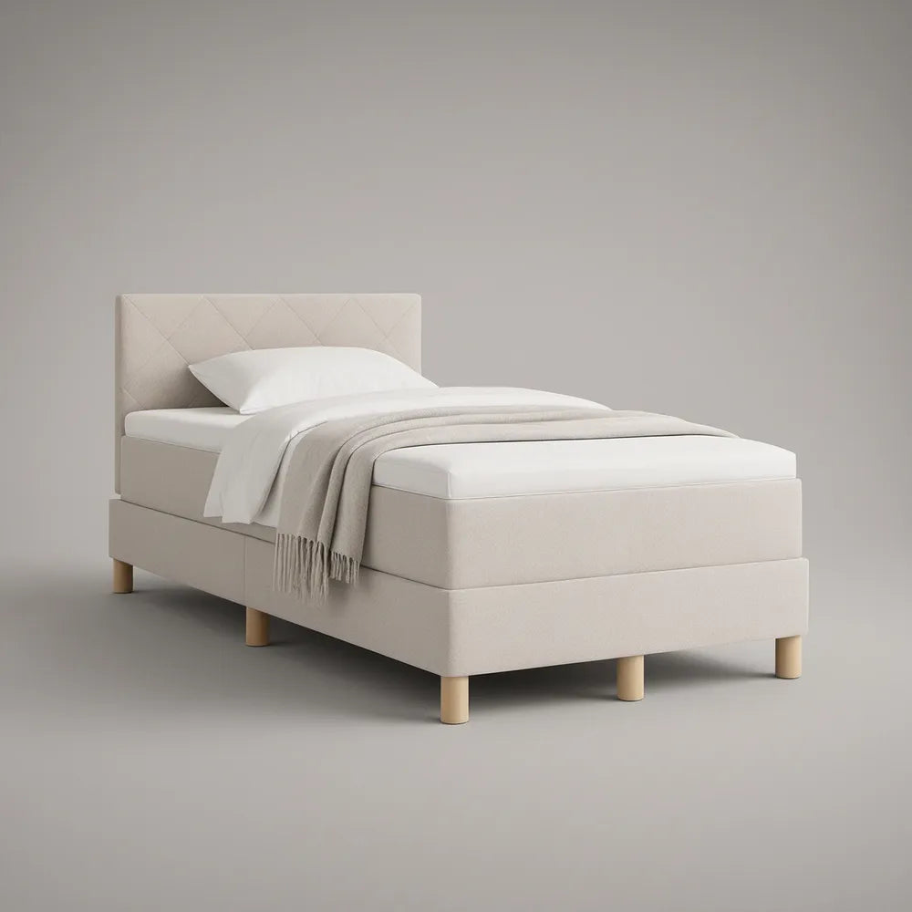 Twin Ivory Upholstered Bed Frame with Diamond-Stitched Headboard, 80 x 41 x 43 in