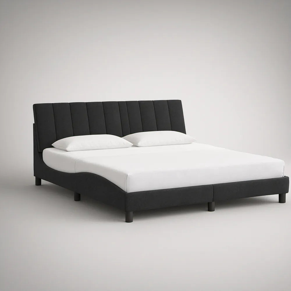 Black Queen Upholstered Platform Bed Frame with Curved Wingback Headboard, 85 x 64 x 45 in