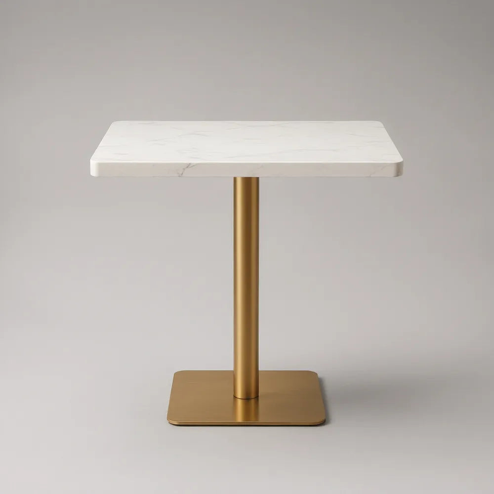 Square Bar Table, 23.6 x 23.6 x 41.3 in, White Marble-Effect Sintered Stone Top with Gold Steel Pedestal Base