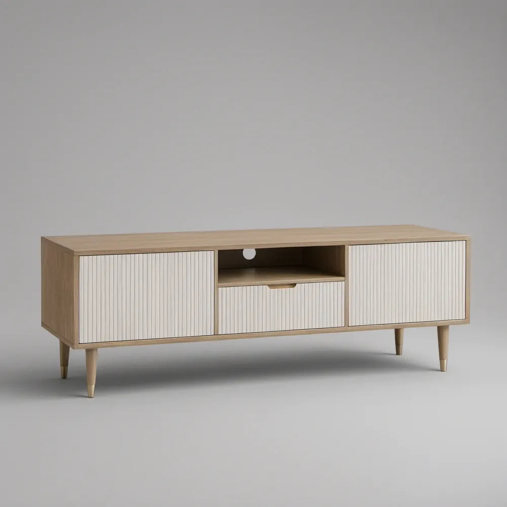 Mid-Century Modern Natural Oak and White Fluted Media Console, 63 in W x 16 in D x 23 in H