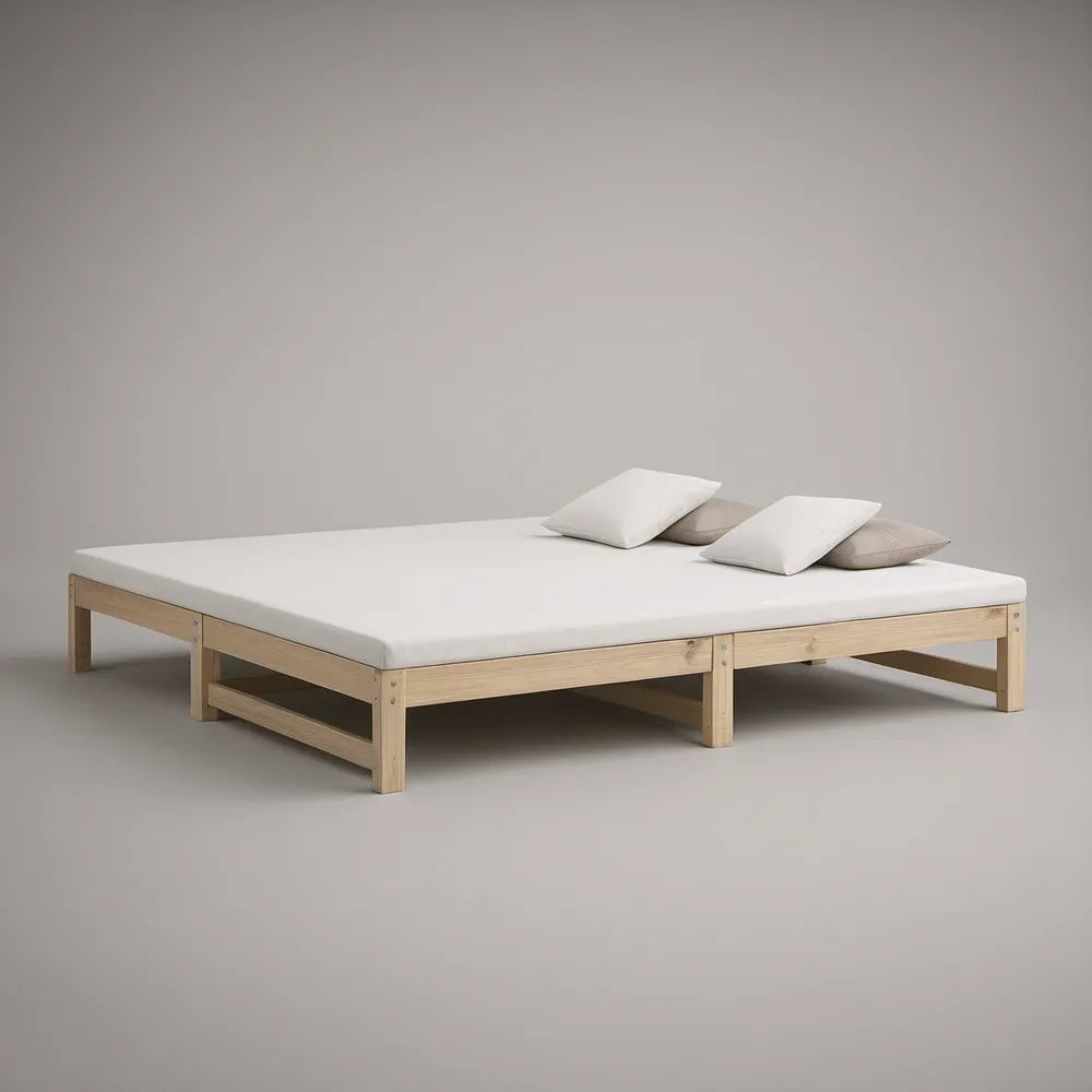 Queen Solid Pine Wood Platform Bed Frame with White Foam Mattress, Natural/White, 82 x 62 x 13 in