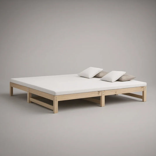 Queen Solid Pine Wood Platform Bed Frame with White Foam Mattress, Natural/White, 82 x 62 x 13 in