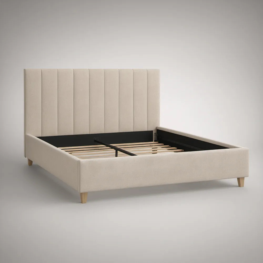 Queen Beige Upholstered Platform Bed Frame with Vertical Channel Headboard, 86 x 64 x 50 in