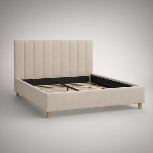 Queen Beige Upholstered Platform Bed Frame with Vertical Channel Headboard, 86 x 64 x 50 in