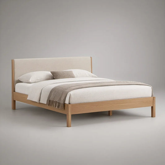 Queen Platform Bed Frame, 60 x 80 in, Natural Brown Rubberwood with Beige Upholstered Headboard