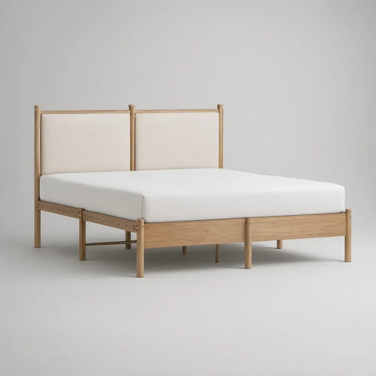 Queen Size Natural Rubberwood Frame with Beige Upholstered Headboard, 80 x 60 in Mattress Area
