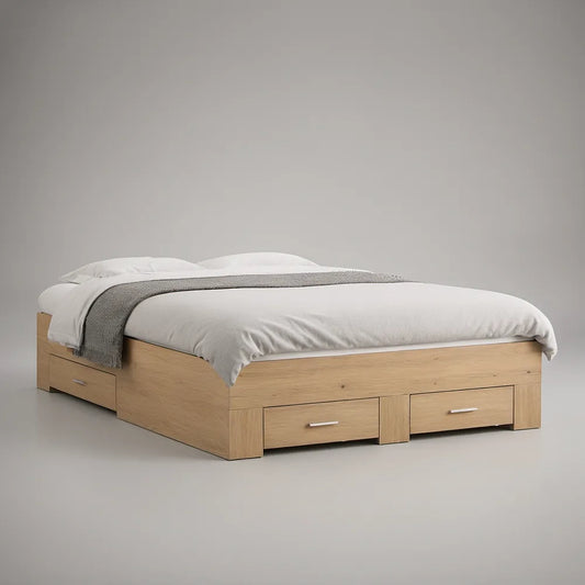 Queen Storage Bed Frame, 83 x 64 x 16 in, Light Oak with Silver Handles