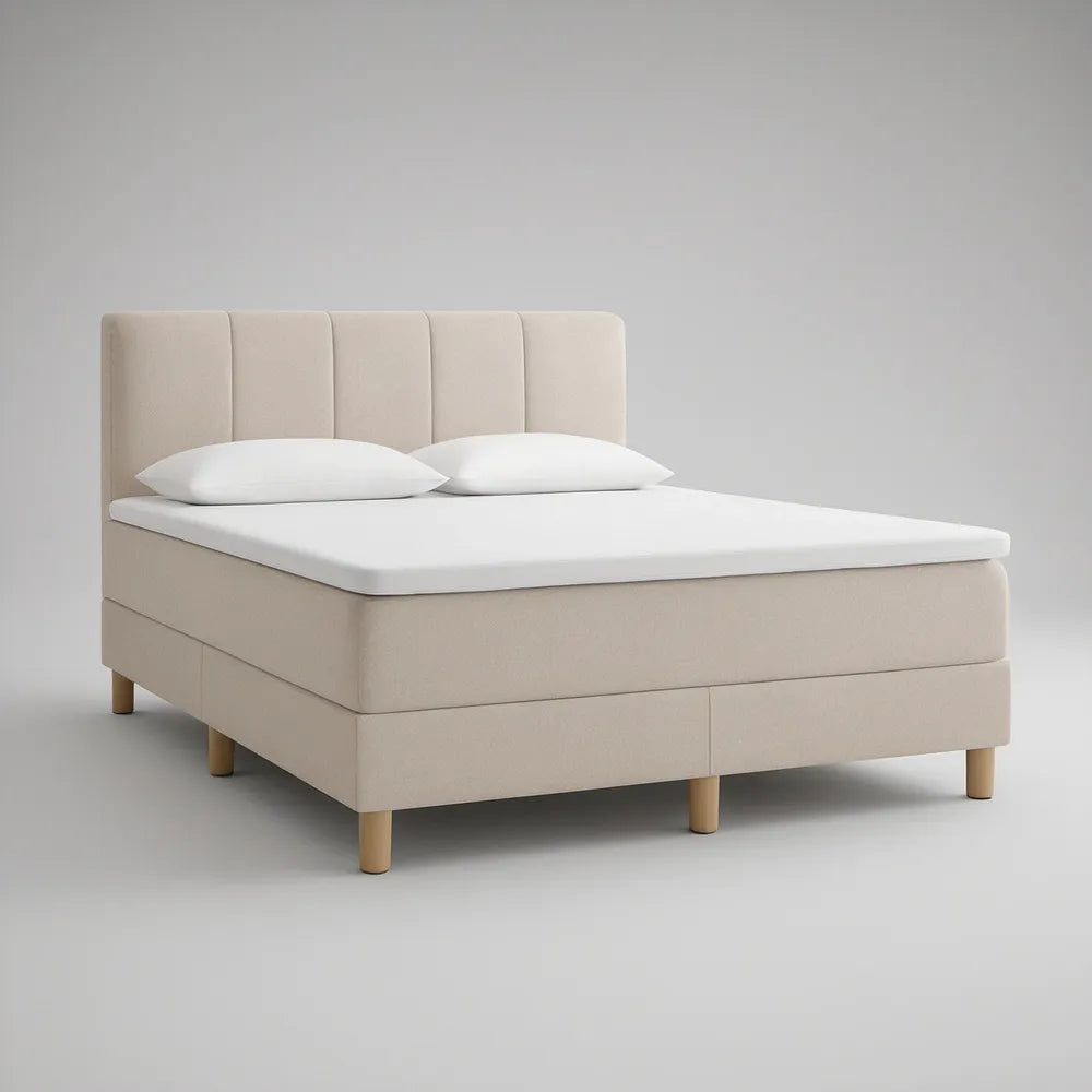 Queen Beige Upholstered Platform Bed with Natural Wood Legs, 64 in W x 85 in L x 45 in H