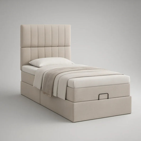 Twin Beige Upholstered Storage Bed Frame, 39 x 75 in Mattress Area, 42 x 80 x 52 in Overall