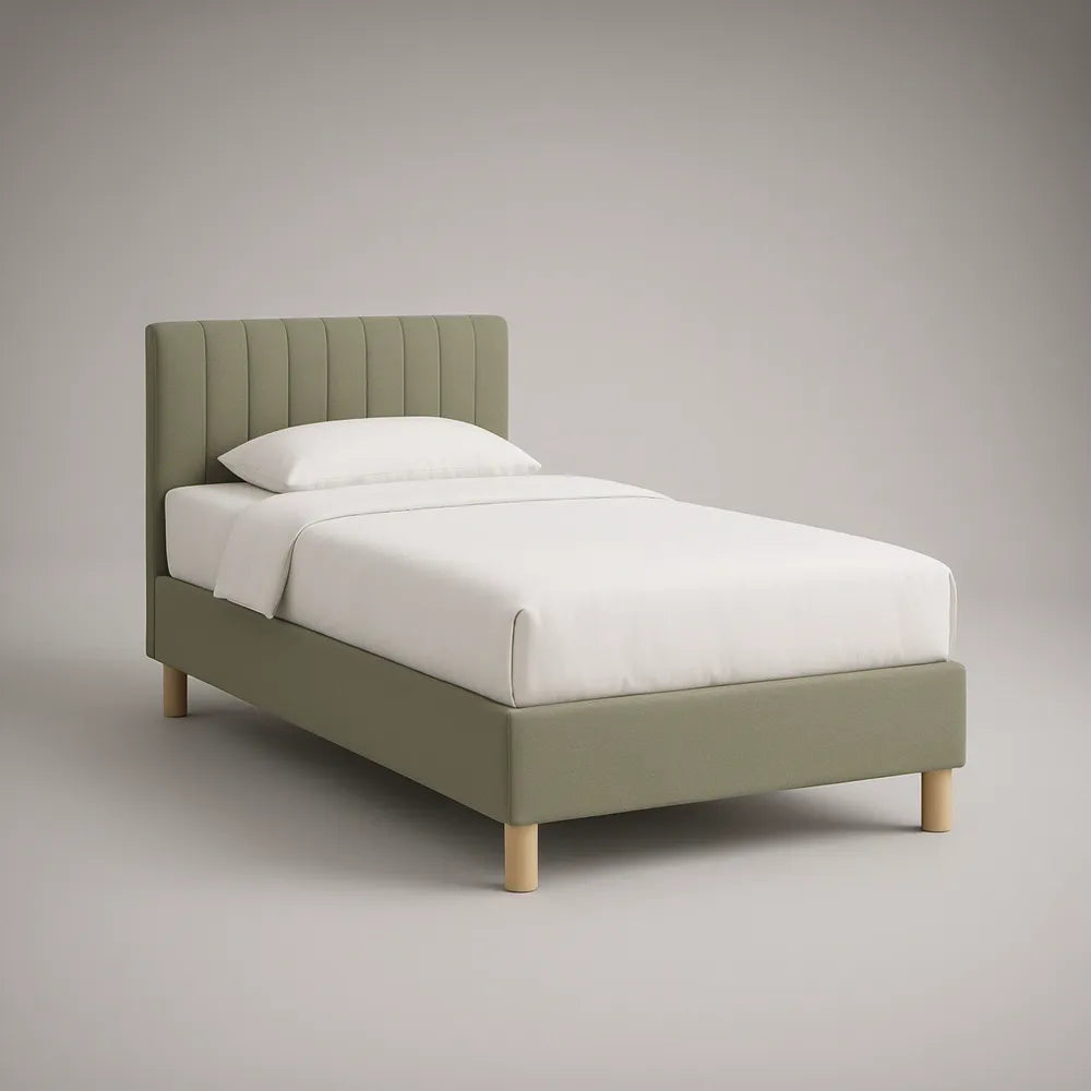 Twin Olive Green Upholstered Platform Bed Frame with Channel-Tufted Headboard, 41 x 79 x 45 in