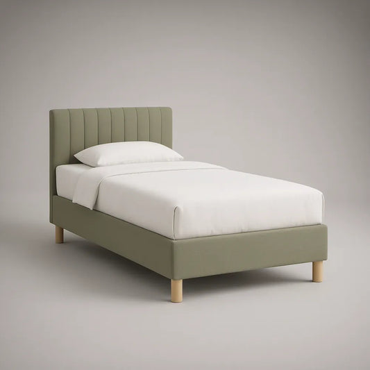 Twin Olive Green Upholstered Platform Bed Frame with Channel-Tufted Headboard, 41 x 79 x 45 in
