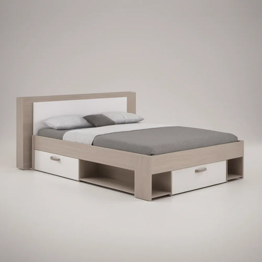 Queen Storage Platform Bed Frame, 80 x 60 in Mattress Area, Light Oak/White