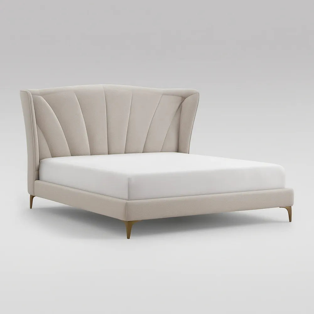 Queen Upholstered Platform Bed, Beige Velvet with Gold Legs, 85 x 65 x 54 in, Fits 80 x 60 in Mattress