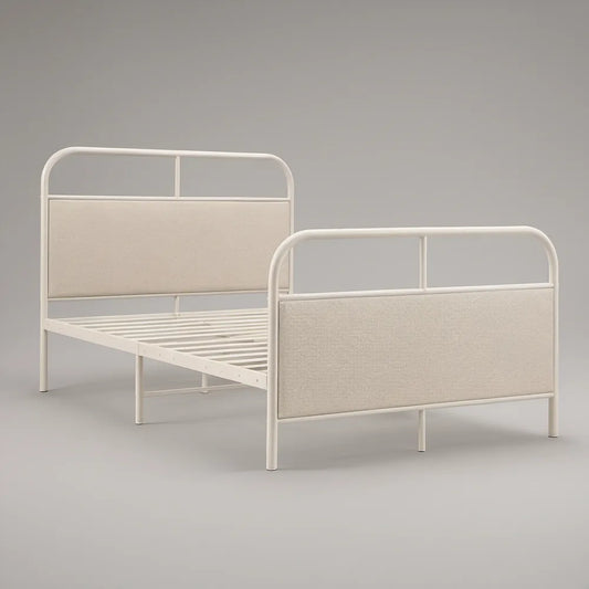 Twin Metal Platform Bed Frame with Cream Upholstered Headboard and Footboard, White, 78 x 41 x 43 in