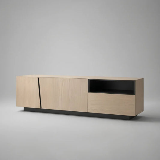Modern Natural Oak and Black TV Stand, 70.9 x 15.7 x 19.7 in, Engineered Wood and Steel