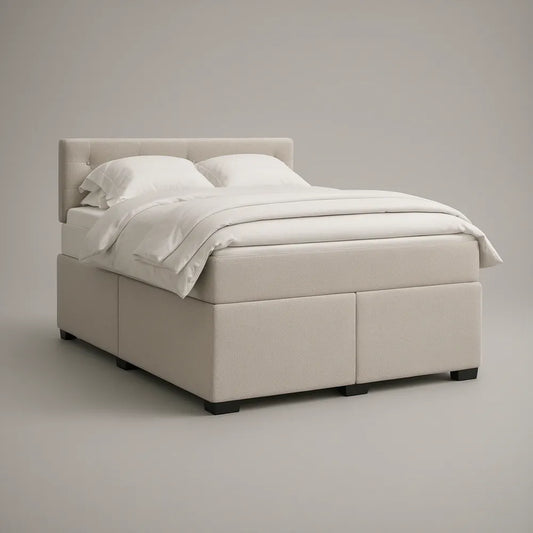Queen Beige Upholstered Platform Bed with Padded Headboard, 64 x 85 x 45 in