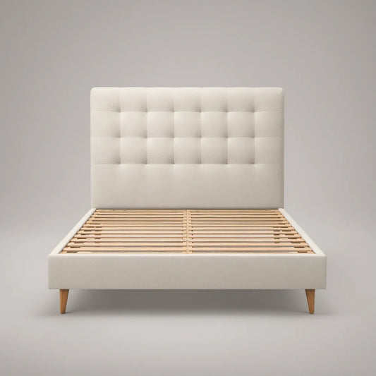Queen Upholstered Platform Bed with Tufted Polyester Headboard, Ivory/Natural, 60 x 80 in