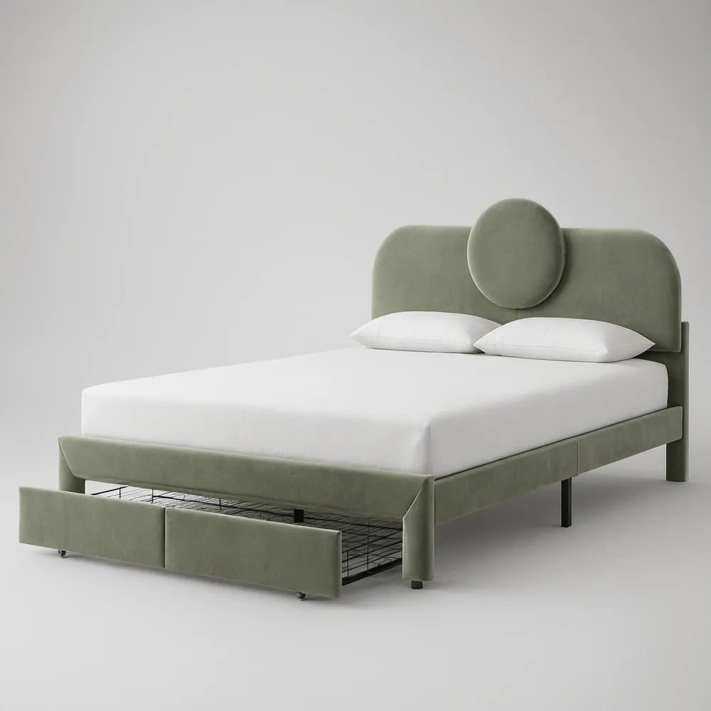 Queen Upholstered Storage Bed Frame, Sage Green Velvet, 63 x 85 x 52 in
