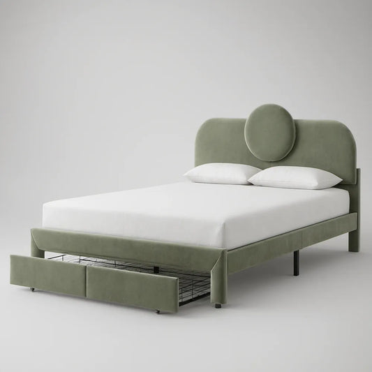 Queen Upholstered Storage Bed Frame, Sage Green Velvet, 63 x 85 x 52 in