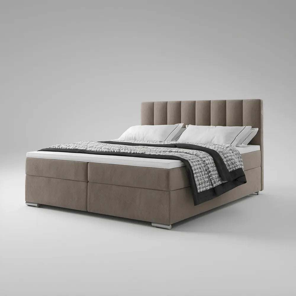 Taupe Queen Upholstered Velvet Bed Frame with Channeled Headboard, 64 x 86 x 47 in