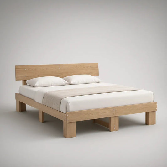 Natural Oak Solid Rubberwood Queen Platform Bed Frame with Headboard, 84 x 64 x 37 in