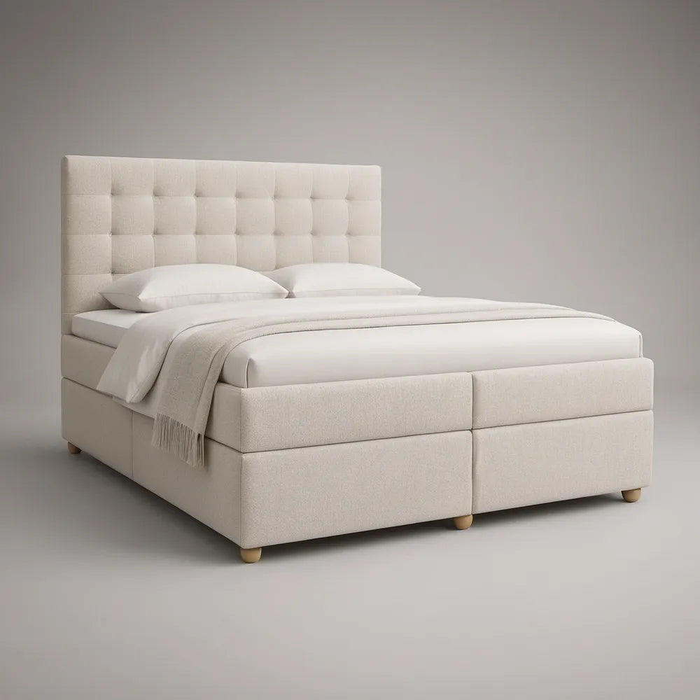 Queen Ivory Upholstered Platform Bed, 64 x 85 x 48 in, Button-Tufted Headboard