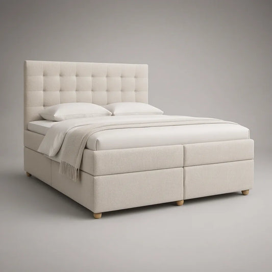 Queen Ivory Upholstered Platform Bed, 64 x 85 x 48 in, Button-Tufted Headboard