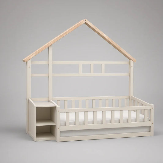Twin House Frame Bed with Guardrails and Storage Shelf, White/Natural Wood, 78.7 x 41.3 x 65.4 in