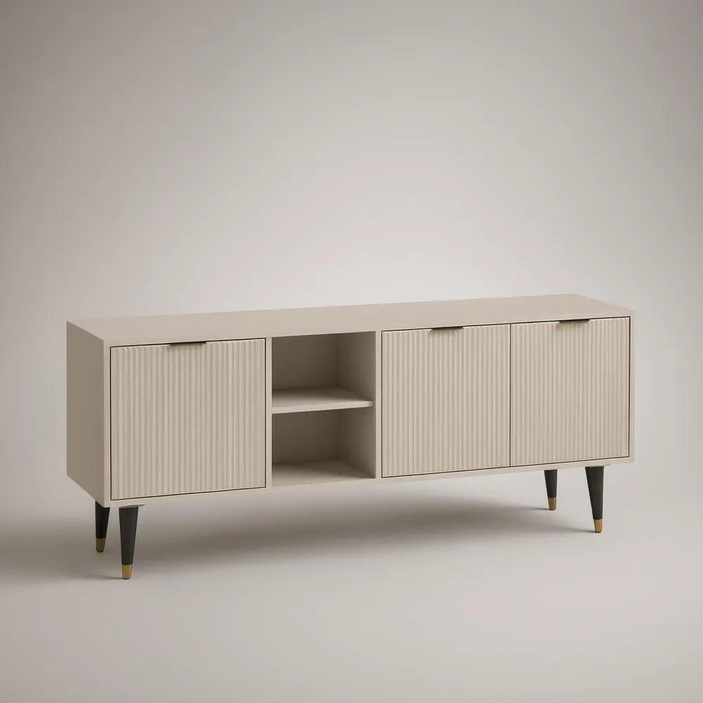 63 x 16 x 30 in Beige MDF TV Stand with 3 Fluted Doors, Open Shelves, Black and Gold Legs