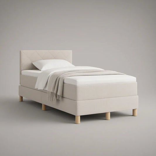 Twin Ivory Upholstered Bed Frame with Diamond-Stitched Headboard, 80 x 41 x 43 in