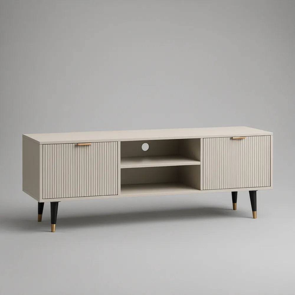 63 in Cream TV Stand with Fluted Doors, Black Steel Legs and Gold Accents
