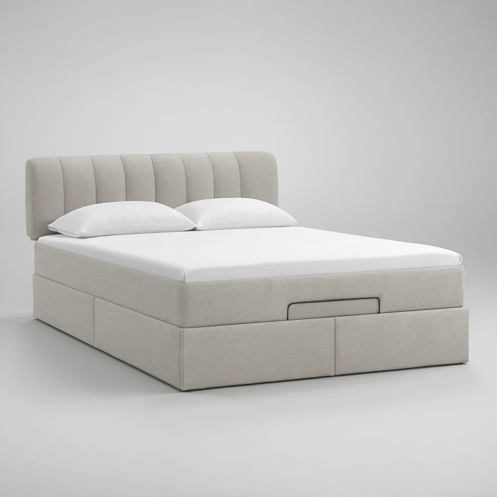 Beige Upholstered Queen Storage Bed Frame with Channeled Headboard, 64 x 85 x 45 in