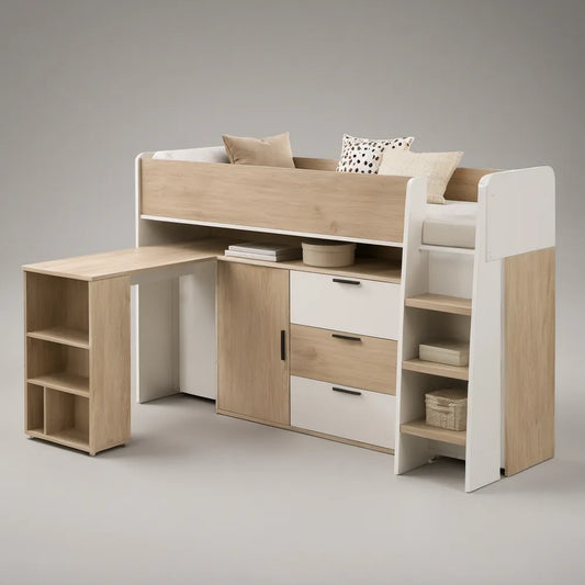 Twin Loft Bed with Desk, Storage Cabinet, Shelves and Ladder, White/Natural Oak, 79.5 x 41.5 x 70.9 in