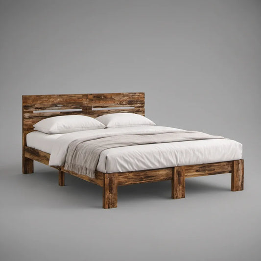 Rustic Brown Solid Pine Wood Queen Platform Bed Frame with Headboard, 63 x 83 x 48 in