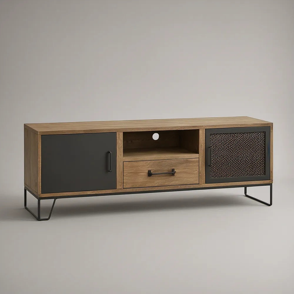 Industrial Media Console, 59.1 x 15.7 x 23.6 in, Brown/Black Engineered Wood with Steel Mesh Doors