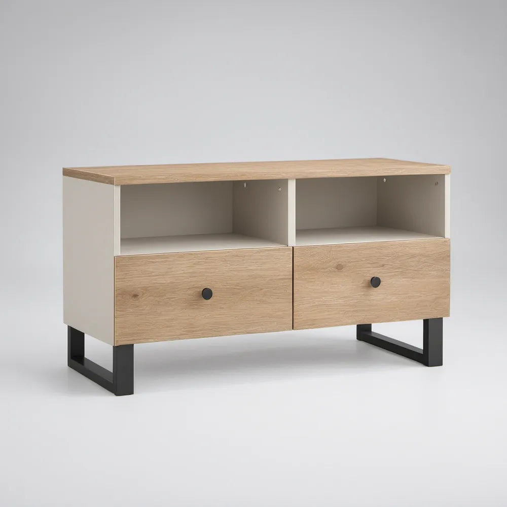47.2 in Engineered Wood TV Stand with 2 Drawers, Natural Oak/White/Black