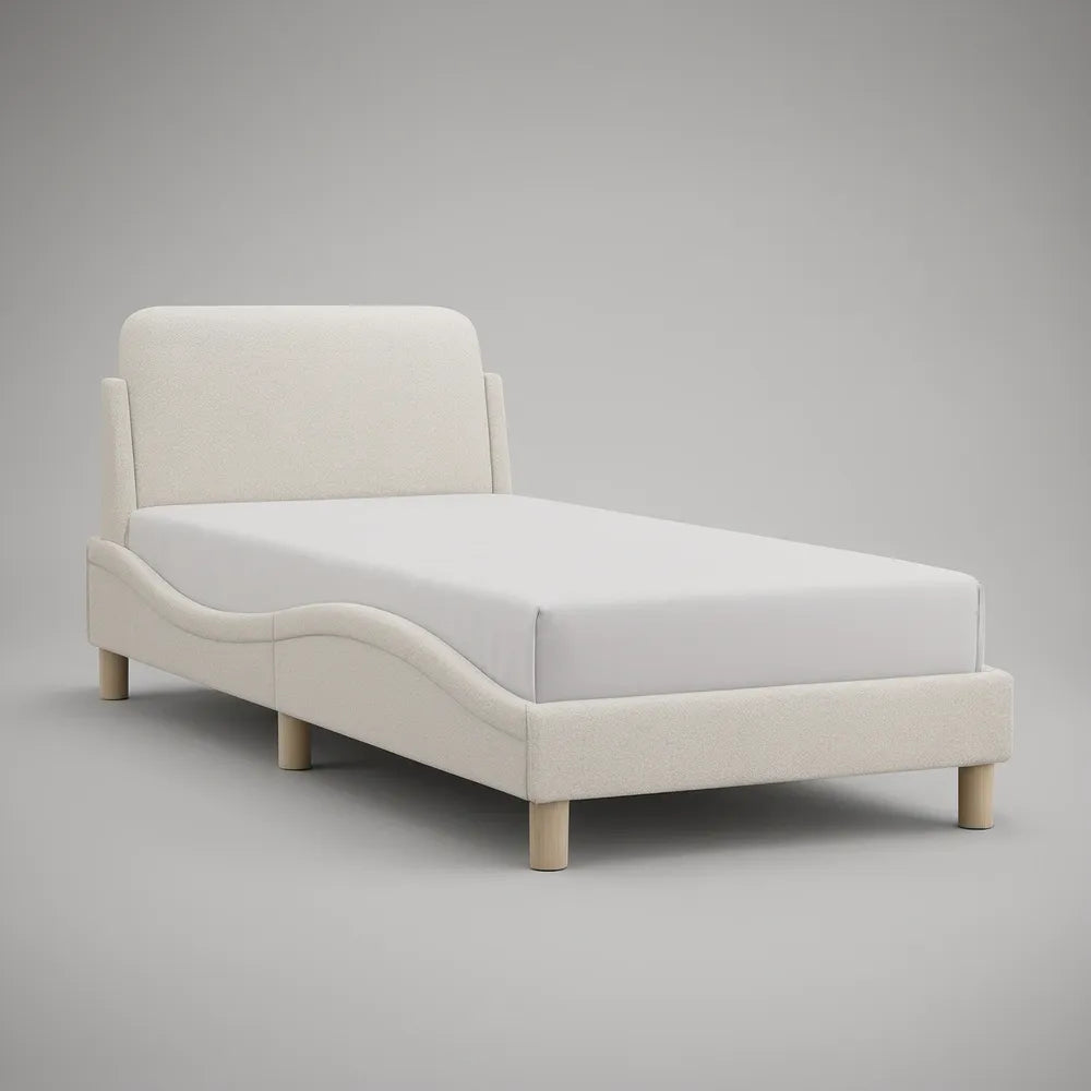 Twin Upholstered Platform Bed Frame, 80 x 42 x 42 in, Beige and Natural Wood