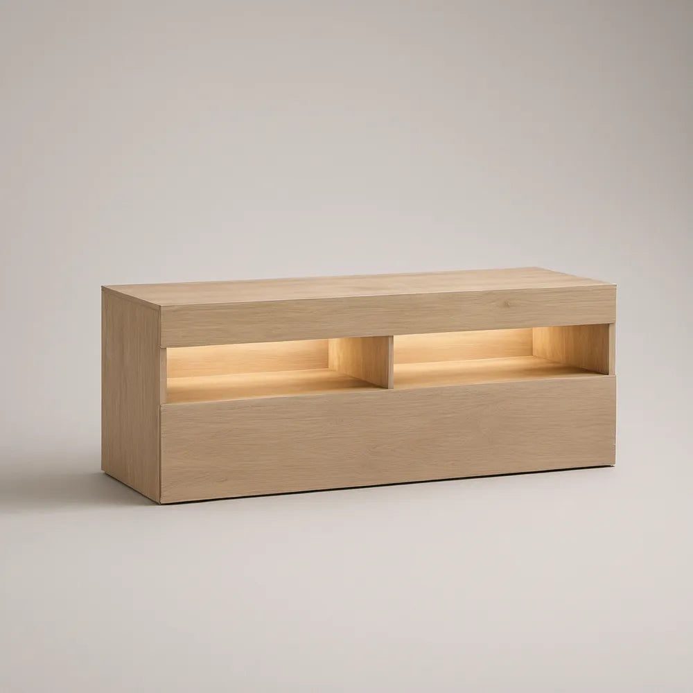 63 in Light Oak LED TV Stand with Open Shelves and Concealed Storage